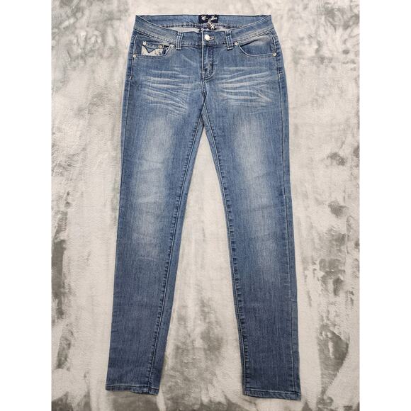 C-Jes Jeans Low Rise Skinny Jeans Size 9 Blue Studded Embroidered Stretch Denim - Picture 1 of 12